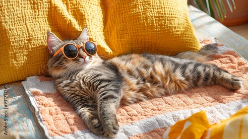 a cat wearing sunglasses lying lazily on a beach towel
