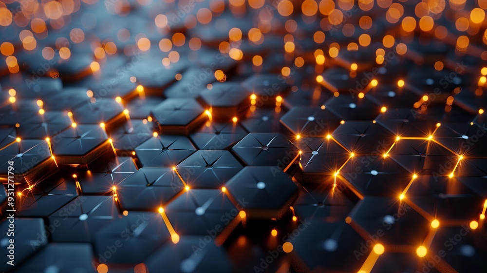 Fototapeta premium A mesmerizing surface of hexagons illuminated by glowing orange lights, creating a vibrant and dynamic backdrop.