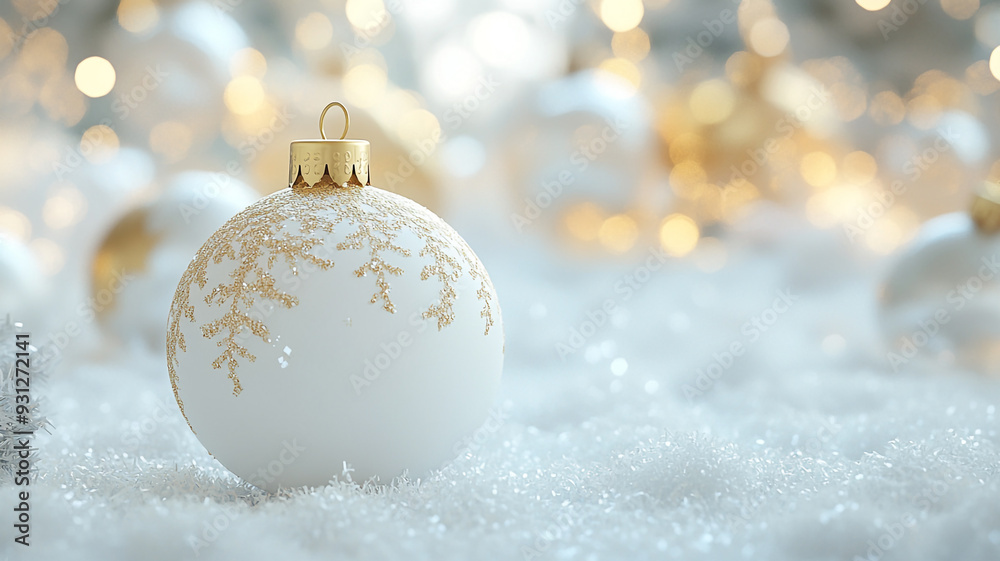 Decorative white Christmas ornament with gold snowflake design on a bed of sparkling snow, captured during the holiday season Decorative white Christmas ornament with gold snowflake design on a bed of sparkling snow, captured during the holiday season