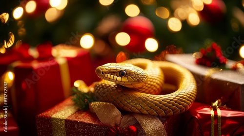 Golden snake lying on christmas presents.  Merry Christmas concept photo