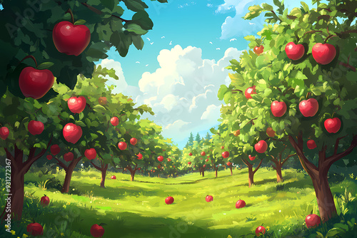 beautiful apple plantation cartoon illustration, fruit garden background