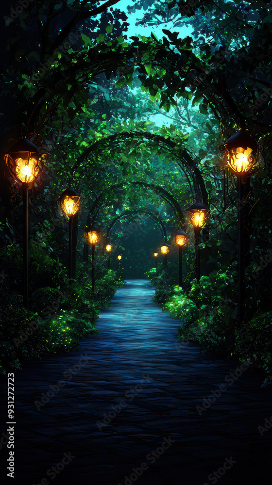 Gothic archway, flickering lanterns, winding path, Watercolor style Gothic archway, flickering lanterns, winding path, Watercolor style