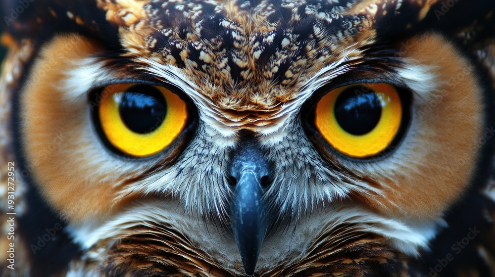 Close-up of an owl's intense bright yellow eyes and detailed feathers. Close-up of an owl's intense bright yellow eyes and detailed feathers.