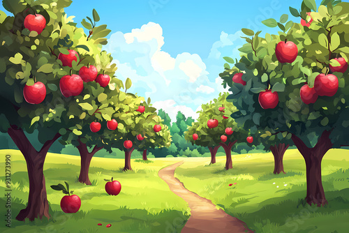 beautiful apple plantation cartoon illustration, fruit garden background