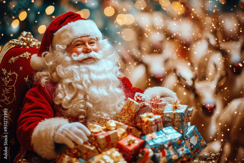 Santa Claus with gifts in festive room. photo
