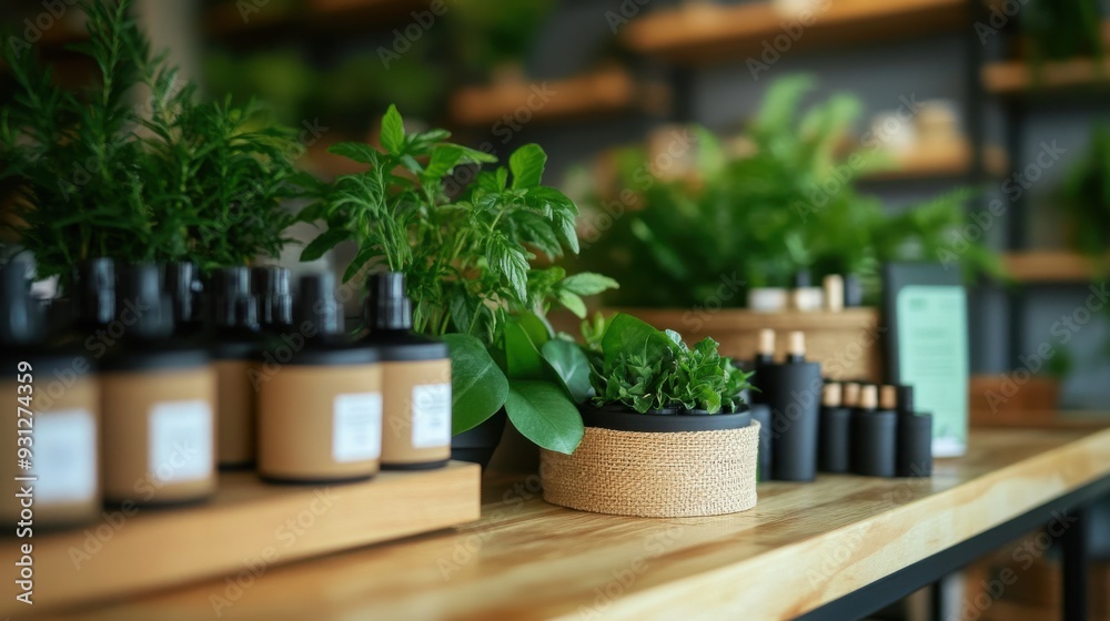 A serene display of natural plants and eco-friendly products on a wooden shelf, perfect for wellness and beauty themes. A serene display of natural plants and eco-friendly products on a wooden shelf, perfect for wellness and beauty themes.