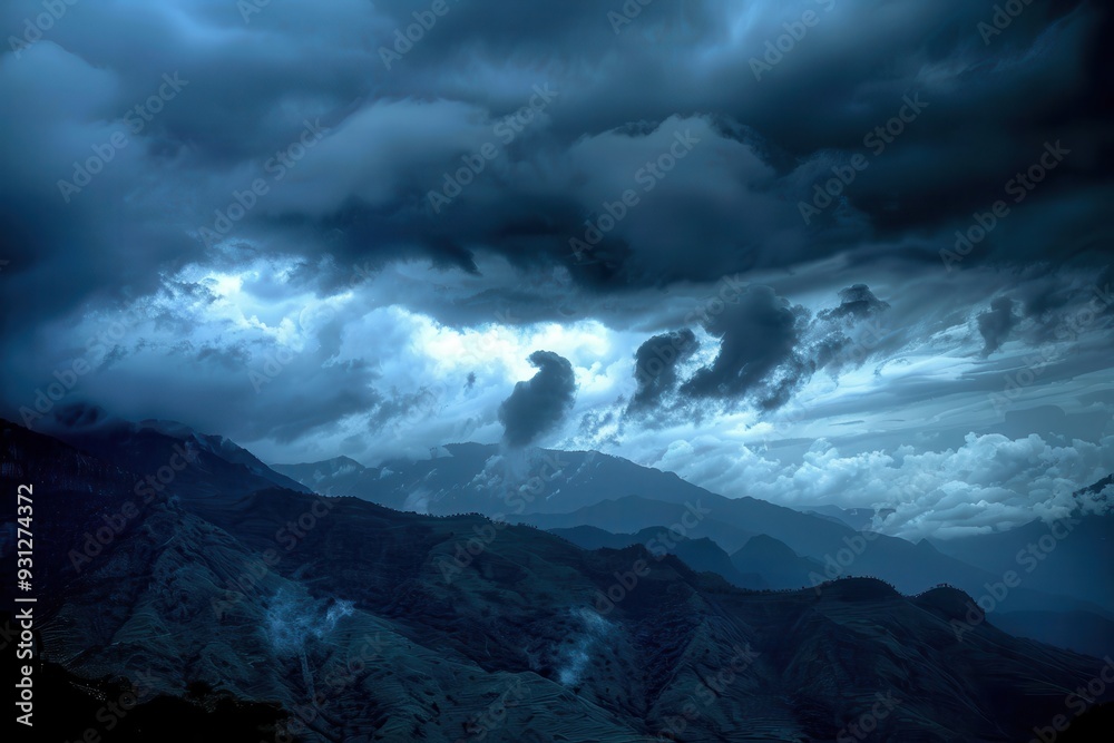 Dark Mountain Landscape with Heavy Clouds. Nature Travel Photography with Beautiful Sky Dark Mountain Landscape with Heavy Clouds. Nature Travel Photography with Beautiful Sky