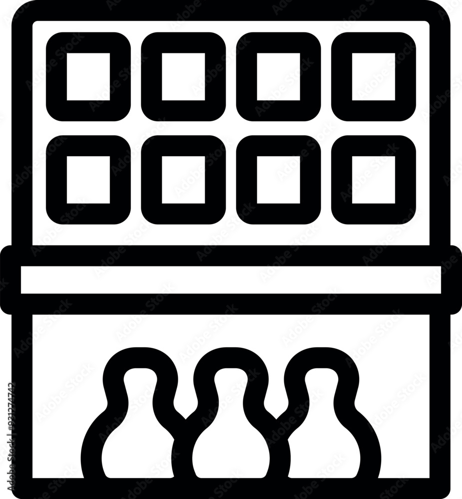 Line art icon of a bowling scoreboard with three pins still standing after a bowling throw Line art icon of a bowling scoreboard with three pins still standing after a bowling throw