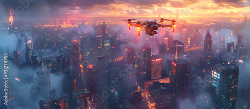 Futuristic Cityscape with Automated Drones Delivering Packages to Skyscraper Rooftops in Vibrant Colorful