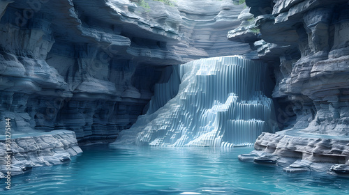 Serene Papercraft Waterfall Cascading into Crystal Clear Pool in Mountainous Landscape