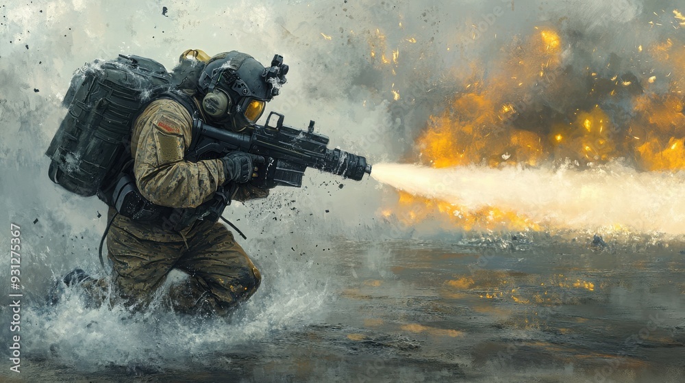 A soldier advances through water, firing a weapon amidst an explosion, capturing the intensity of combat and bravery in action. A soldier advances through water, firing a weapon amidst an explosion, capturing the intensity of combat and bravery in action.