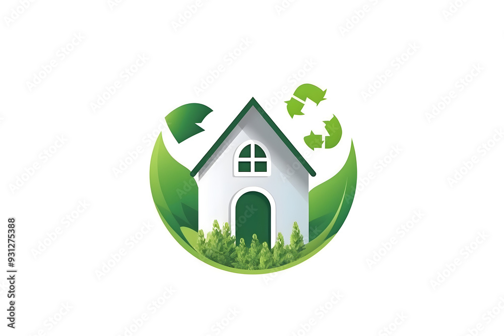 Green eco friendly home symbol with leaf and recycle icon in minimalist style Green eco friendly home symbol with leaf and recycle icon in minimalist style