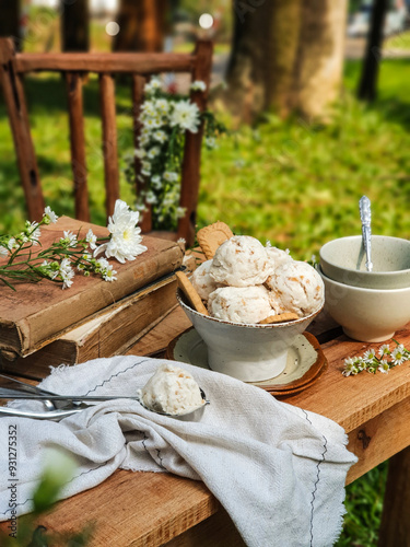 Homemade ice cream scoops in bowl on outdoor green background.
