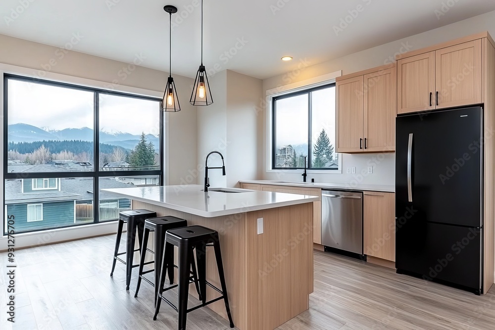 A minimalist kitchen with light wood cabinets, white walls, and a floor A minimalist kitchen with light wood cabinets, white walls, and a floor