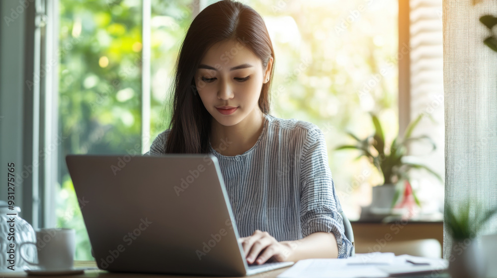 Focused young Asian woman using a laptop for online budgeting and deduction planning Focused young Asian woman using a laptop for online budgeting and deduction planning