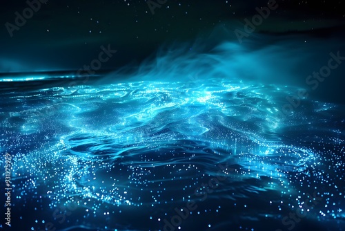 Glowing bioluminescent plankton in a dark oceanic setting, emitting ethereal blue light