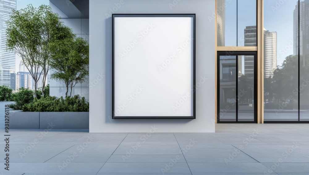 A mockup of an empty, blank white poster frame on the wall in a modern A mockup of an empty, blank white poster frame on the wall in a modern