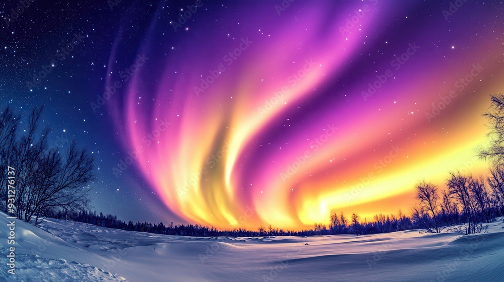 A stunning view of the aurora borealis illuminating a snowy landscape at night. A stunning view of the aurora borealis illuminating a snowy landscape at night.