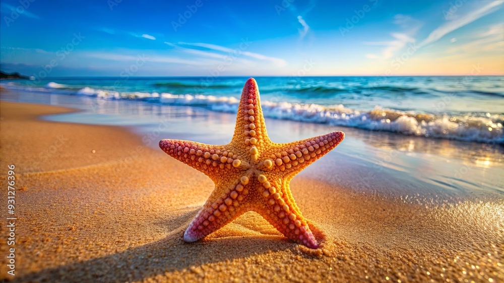 A colorful starfish lying on a sandy beach under the sun A colorful starfish lying on a sandy beach under the sun