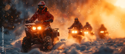 Group of Adventurers Riding ATVs Through Rugged Snowy Terrain in Dramatic Winter Storm Conditions