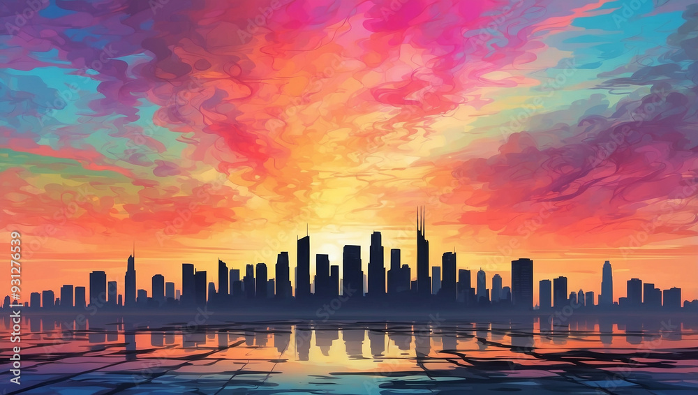 Silhouette of a City Skyline with Tall Buildings Against a Sunset Silhouette of a City Skyline with Tall Buildings Against a Sunset