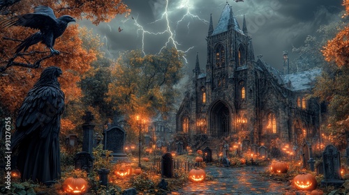 Gothic cathedral with jack-o'-lanterns and lightning