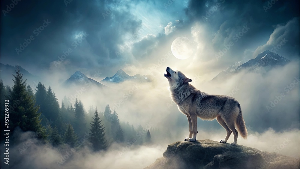 Majestic lone wolf howling in foggy landscape, adding mystery and allure Majestic lone wolf howling in foggy landscape, adding mystery and allure