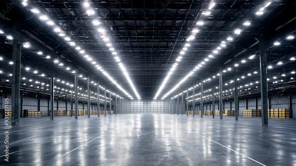 Warehouse interior with LED lighting, industry building, distribution retail center, part of storage and shipping system..