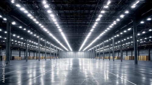 Warehouse interior with LED lighting, industry building, distribution retail center, part of storage and shipping system..