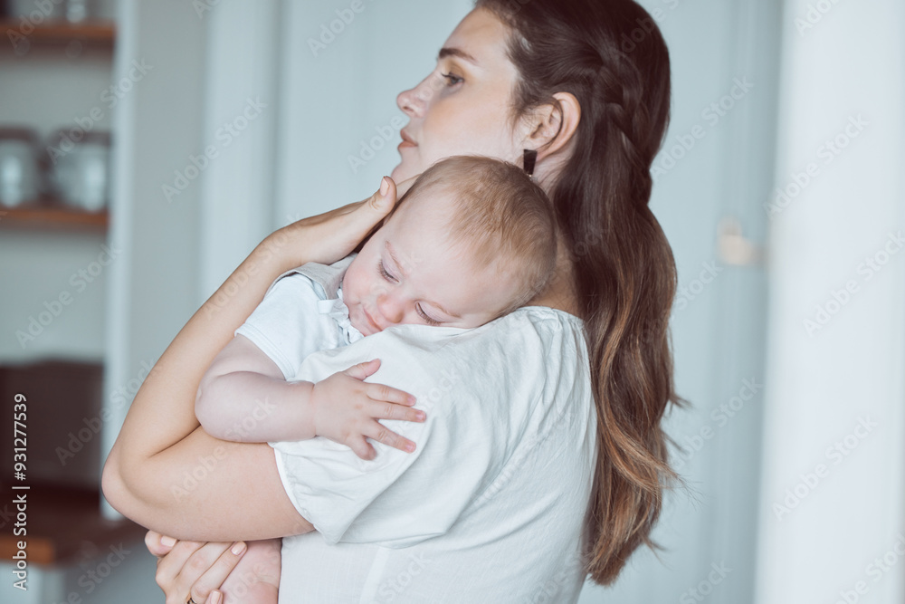Mom, peace or carrying baby in home or family house to relax with wellness, support or care together. Hug, holding and newborn with parent, woman or mother for bonding, trust or love in apartment Mom, peace or carrying baby in home or family house to relax with wellness, support or care together. Hug, holding and newborn with parent, woman or mother for bonding, trust or love in apartment