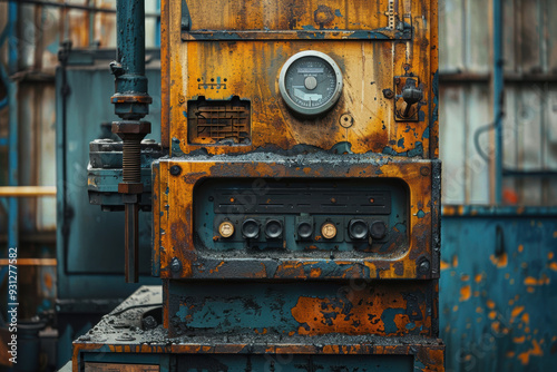A rusty machine with a gauge on it. The machine is old and has a lot of rust on it