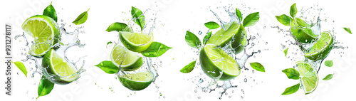 Set of fresh delicious limes splashing with leaves, cut out © Yeti Studio