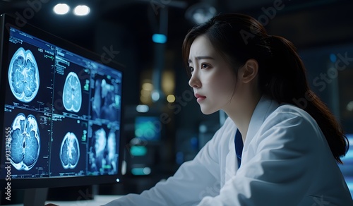 A Chinese female doctor in a white coat looks at a computer screen with a panoramic display of healthy body and anatomy images