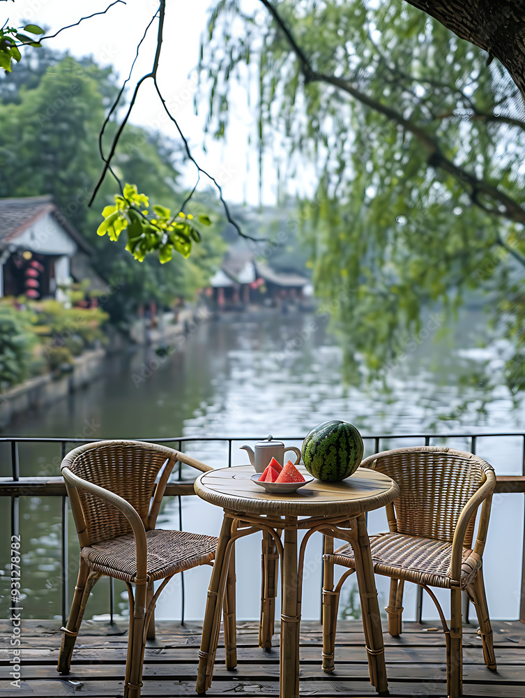 Obraz premium Traditional Chinese town_table and chairs by river_watermelon_Outdoor summer vibe