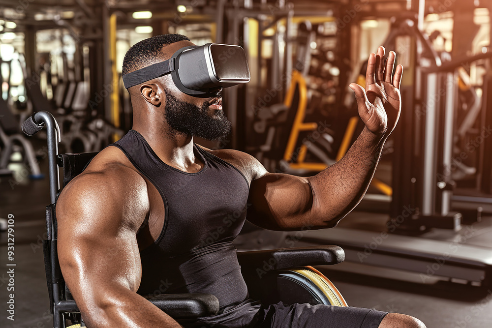 Gym-goers in wheelchairs wearing VR glasses and waving, captured in hyper-realistic style. Gym-goers in wheelchairs wearing VR glasses and waving, captured in hyper-realistic style.