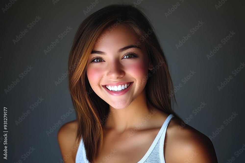 A young woman smiling brightly in natural light against a dark background A young woman smiling brightly in natural light against a dark background