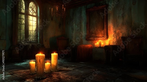 Abandoned Mansion Interior with Candles and Windows