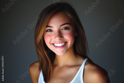 A young woman smiling brightly in natural light against a dark background