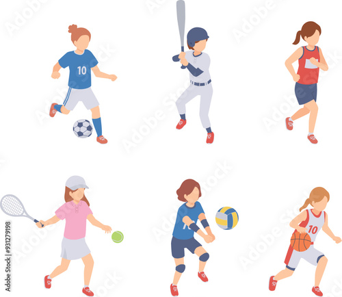 スポーツをする女性のアイソメトリックイラストセット