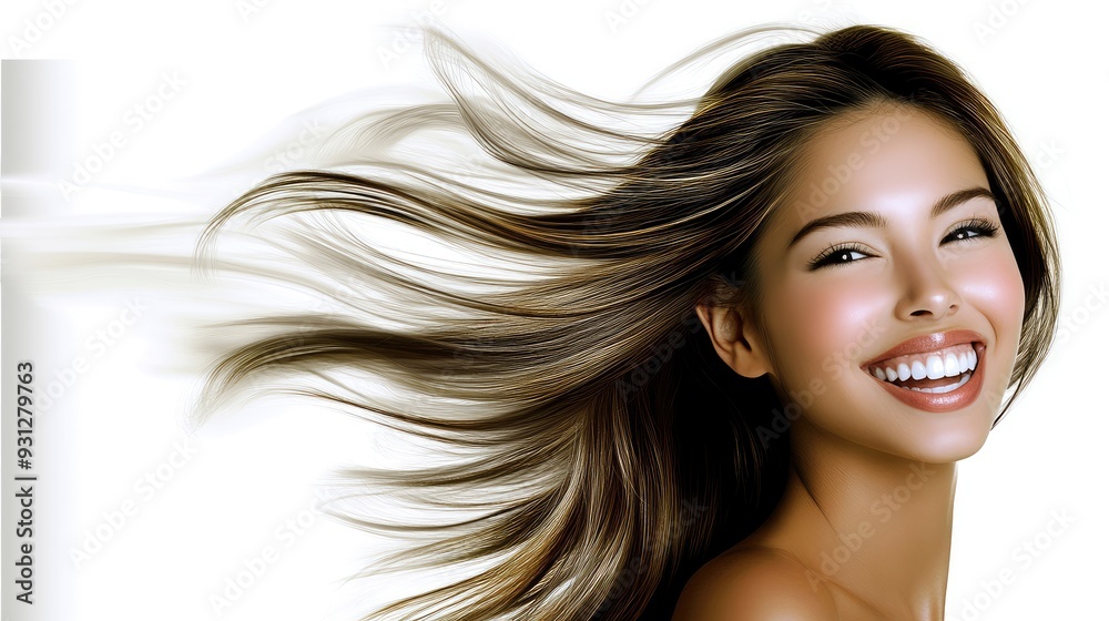 A smiling woman with long, flowing hair against a white background A smiling woman with long, flowing hair against a white background