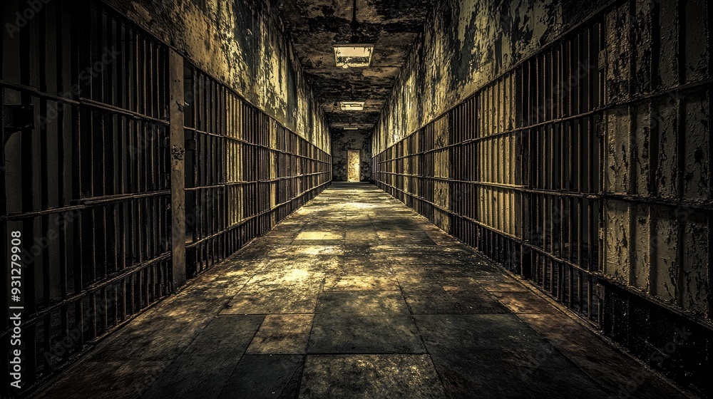 A dark and ominous prison corridor. Perfect for depicting themes of confinement and isolation. A dark and ominous prison corridor. Perfect for depicting themes of confinement and isolation.