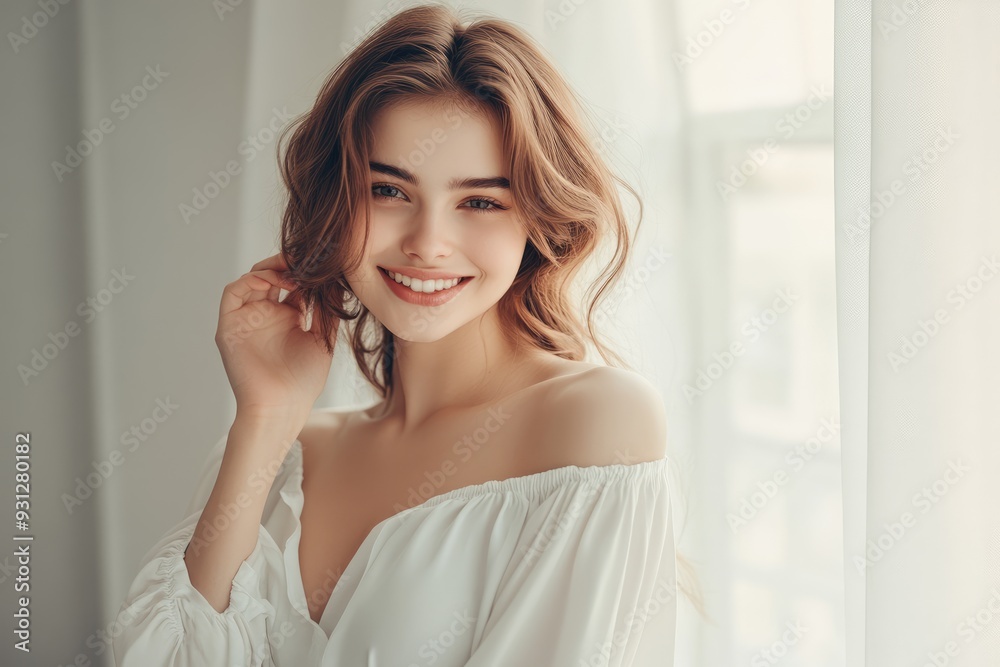 Cheerful young woman with wavy hair smiles while standing by a window in soft natural light Cheerful young woman with wavy hair smiles while standing by a window in soft natural light
