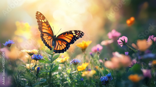 A beautiful butterfly flutters over a meadow filled with colorful blooms. --ar 16:9 --v 6.1 Job ID: 0eaa9fea-e818-4968-8ba9-d3eeaebf7a5d