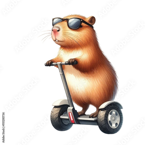 
capybara standing on a segway clip art watercolor 