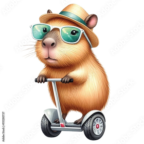 
capybara standing on a segway clip art watercolor 