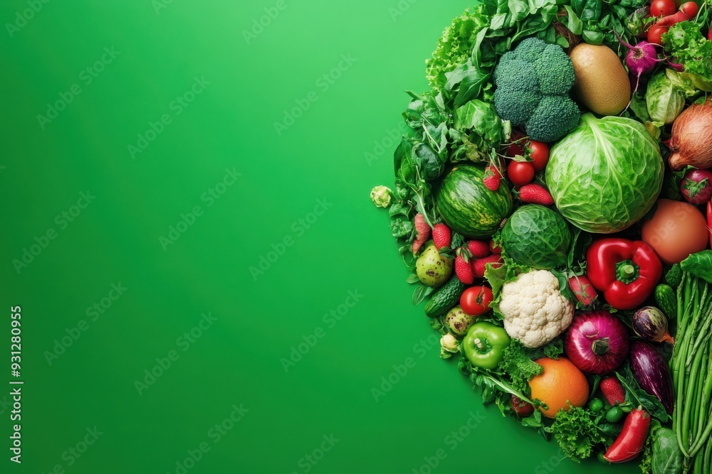Vibrant assortment of fresh vegetables on a green backdrop, showcasing health and natural beauty. Ideal for food and wellness themes.