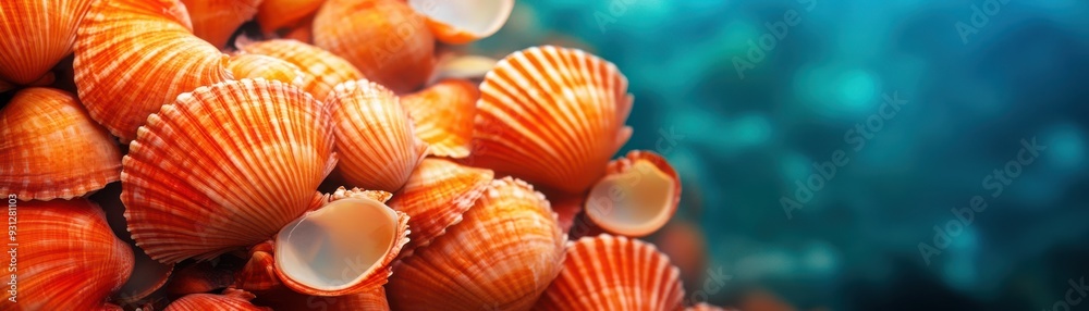 Vibrant orange seashells cluster beautifully under the ocean, showcasing nature's artistry and marine life diversity. Vibrant orange seashells cluster beautifully under the ocean, showcasing nature's artistry and marine life diversity.