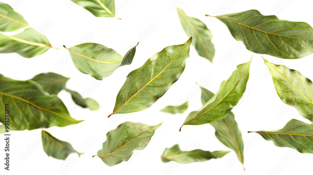 A delicious spice. Close-up of bay leaves swirling in the air on a white background. The green dry leaves of the bay leaf are scattered in different directions A delicious spice. Close-up of bay leaves swirling in the air on a white background. The green dry leaves of the bay leaf are scattered in different directions