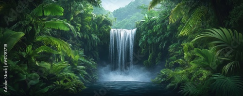 Lush rainforest with a cascading waterfall and dense foliage