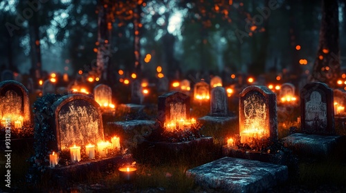 Candles Glow on Tombstones in Mysterious Forest Cemetery